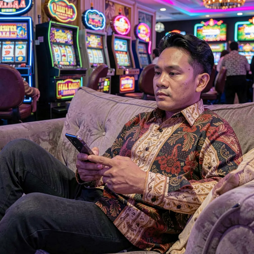 Relaxed Filipino man using the PPG977 casino app on his phone while lounging on a sofa with bright slot machines and neon lights behind him