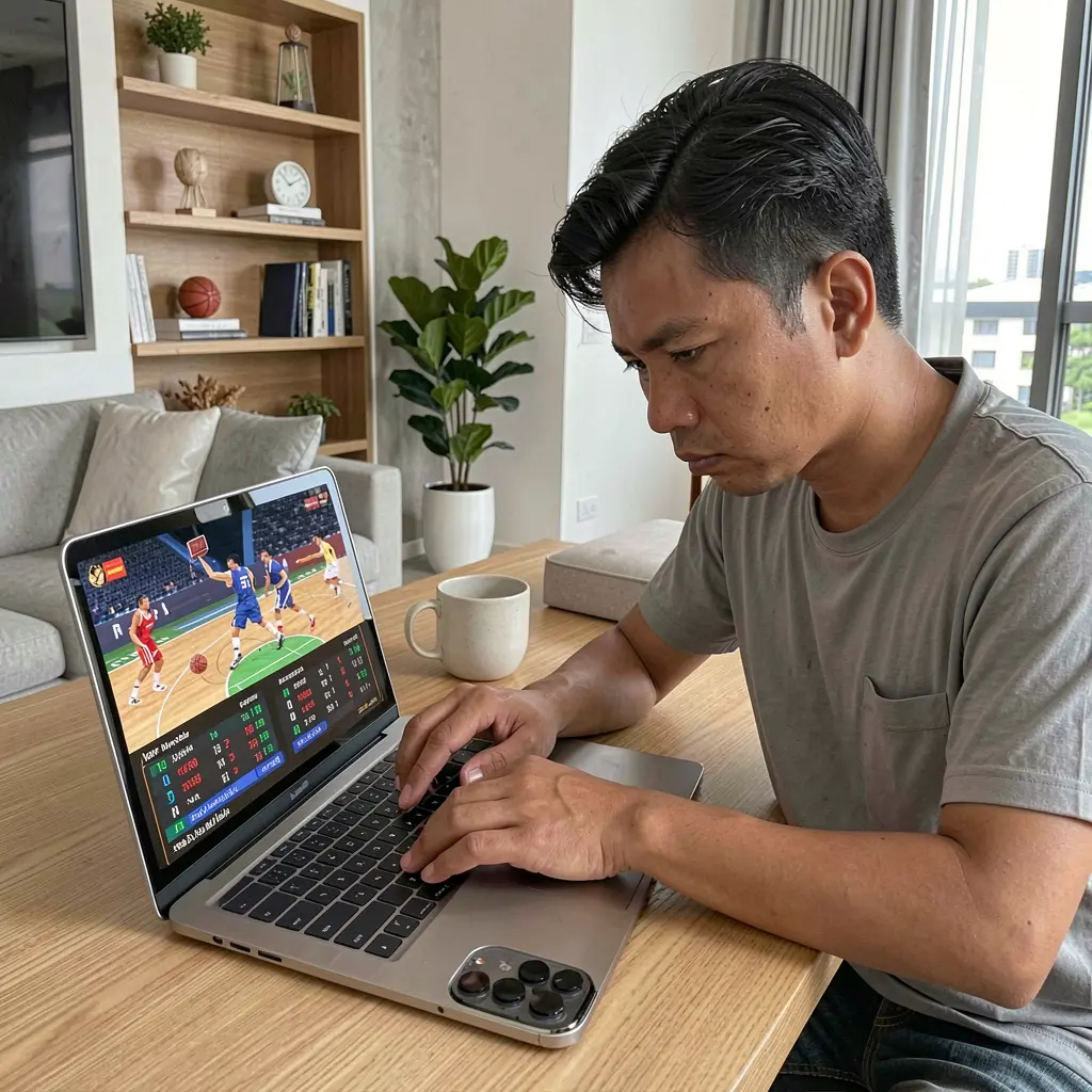 Focused Filipino sports bettor analyzing live basketball odds on a laptop at home while using the PPG977 betting platform