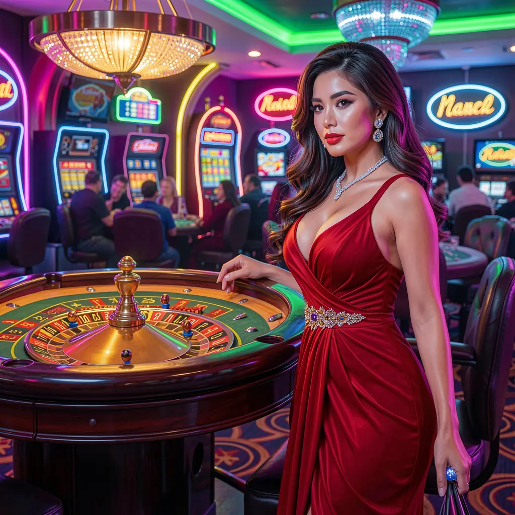 Confident woman in a red dress standing near a modern roulette table in a neon casino atmosphere showcasing the immersive gaming experience at PPG977 for players in the Philippines
