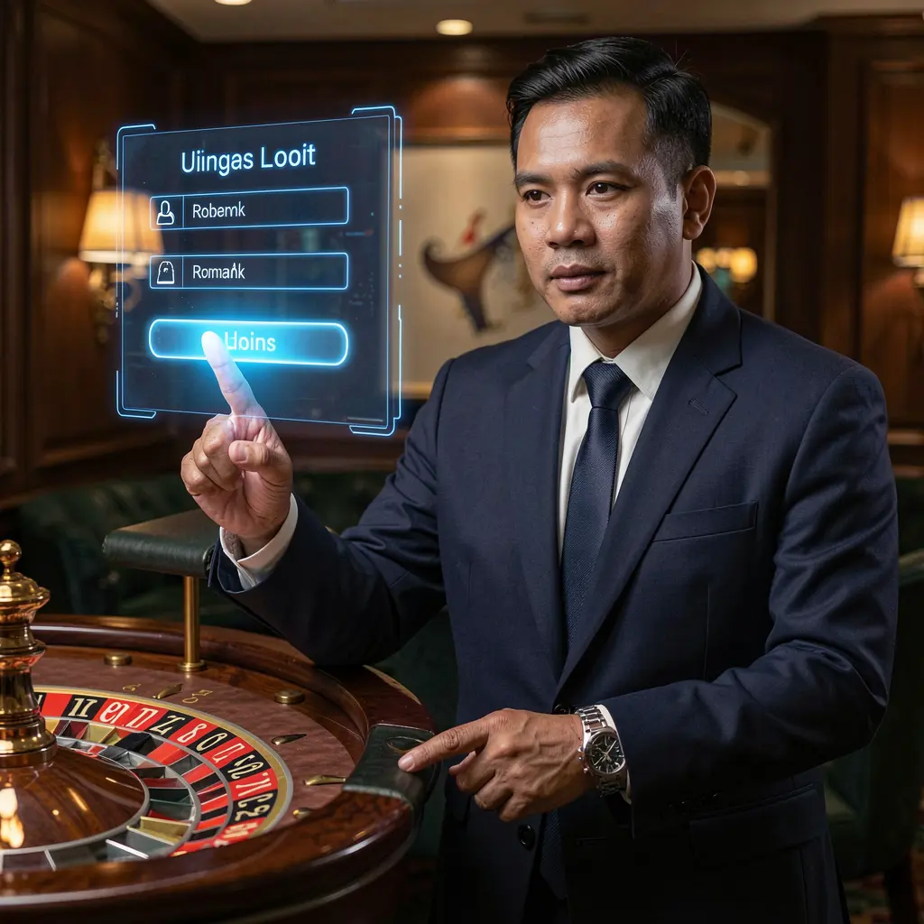 Professional casino dealer in a black vest pointing at a glowing holographic login panel with a roulette table in the background representing PPG977 Philippines