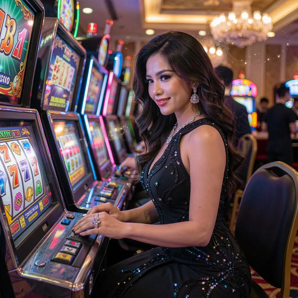 Stylish female player surrounded by glowing slot machines and casino lights showcasing the premium gaming atmosphere of PPG977 in the Philippines